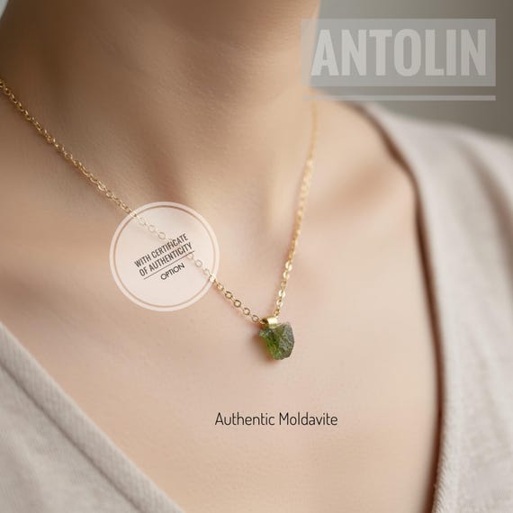 Genuine tektite stone necklace , meteorite pendant , raw moldavite jewelry