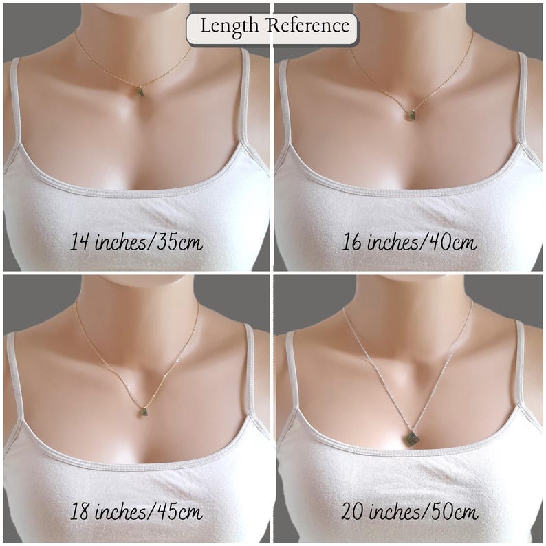 May include: Four models wearing white tank tops with gold necklaces of different lengths. The necklaces are 14 inches/35 cm, 16 inches/40 cm, 18 inches/45 cm, and 20 inches/50 cm. The image is labelled "Length Reference".