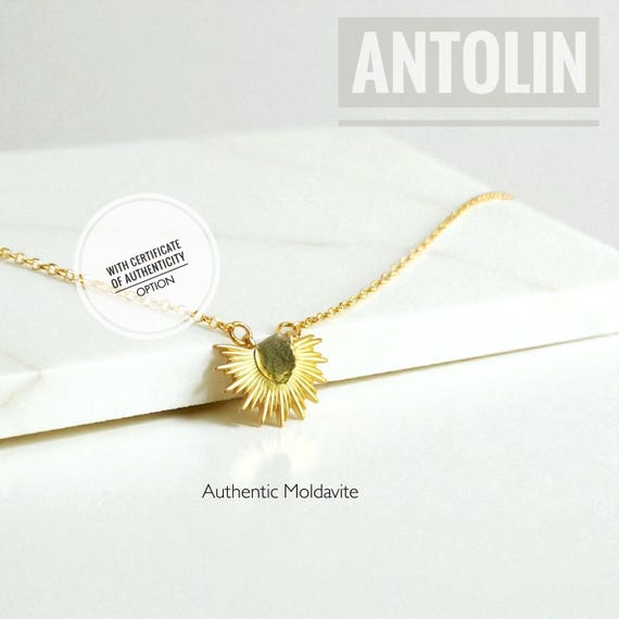Dainty Raw Moldavite Sun Pendant Necklace - Authentic Czech Meteorite Jewelry High Vibration Stone
