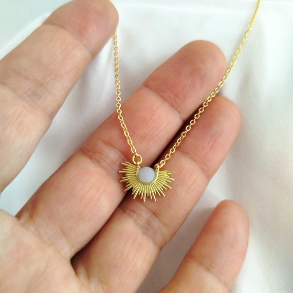 Dainty angelite stone in half sun pendant , natural gemstone necklace , calming crystal jewelry