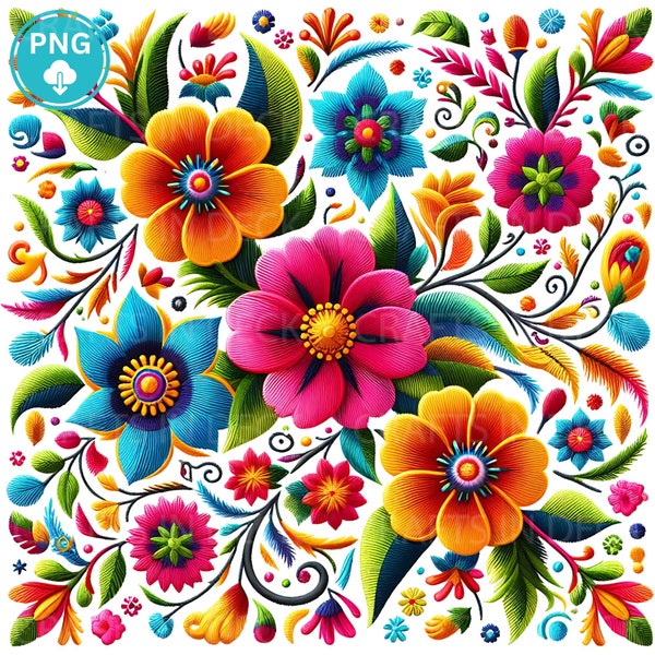 Mexican Embroidery pattern png Mexican Flowers PNG Fiesta Party Clipart-Watercolor Vibrant Floral Clipart Embroidery Mexican Folk Art