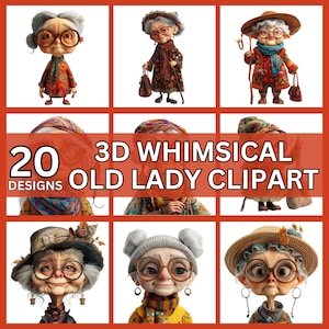 Whimsical Old Lady Clipart, Quirky Woman CU Clip Art, Mixed Media Quirky OLD WOMAN Graphics Png, Grandy Fussy Cut Printables