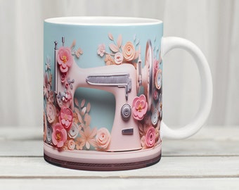 3D Flower Sewing Machine 11oz 15oz Mug Sublimation Wrap 3D Sewing Mug Digital Download Mug PNG 3D Mug Wrap Coffee Mug PNG