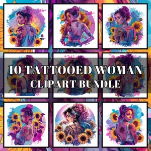 Tattoo Woman Clipart bundle | tattooed Girl rocker shirt png | rock designs png | Girl Illustration | Rebel Girl Graphics | Floral Girl PNG