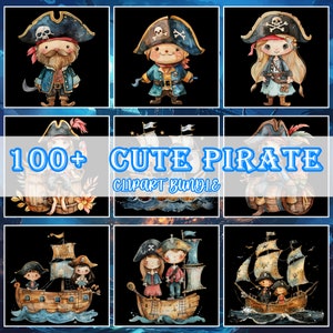 100+ Watercolor Cute Pirate Clipart Bundle, Vintage Pirates Set, Children Buccaneers Scalleywags,  Pirate Ship Flag, Digital art