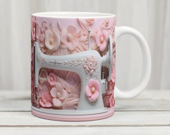 Floral Sewing Machine 11oz 15oz Mug Sublimation Wrap 3D Sewing Mug Digital Download Mug PNG 3D Mug Wrap Coffee Mug PNG