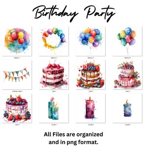 23 Watercolor Happy Birthday Clipart Set, Birthday Party PNG, Cake Present Balloons Png, Birthday Invitations, Card, Decor, Commercial Use