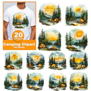 Watercolor Camping Clipart, Forest Adventure Clipart, Tent, Campfire, Lantern, 20 PNG Graphics, Instant Download for Commercial Use