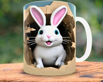 3d baby rabbit mug wrap 11oz and 15oz Mug Wraps Hole In a Wall Mug Wrap Sublimation Design Animal Mug Wrap Template Png Digital Download