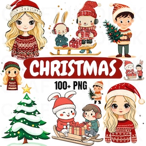Christmas Kawaii Clipart Bundle Png, Merry Christmas Png, Cute Christmas Characters Clipart Bundle Png, Sublimation Designs Digital Download