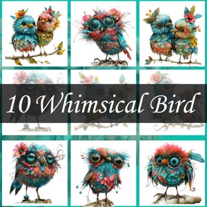 Whimsical Birds Clipart, Quirky Bird Clip Art, Mixed Media Quirky Bird Graphics, 10 PNG Scrapbook Images, Commercial use, Digital Crafts