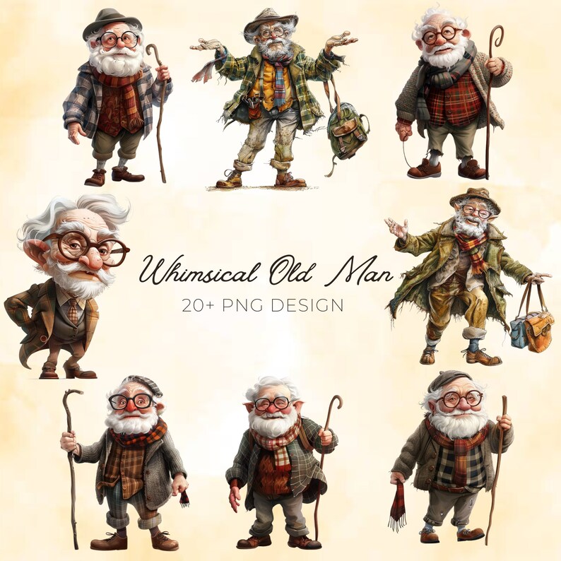 20 PNG Whimsical Old Men Clipart, Mixed Media Quirky Old Man CU Clip ...
