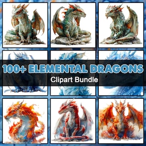 100+ Elemental Dragons Watercolor Clipart, Fantasy Dragons png,  Junk Journal, Paper Crafts Scrapbooking, Magical Fairytale, Scrapbook Png