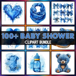 Bundle de cliparts baby shower, clipart aquarelle bleu baby shower, anniversaire bébé garçon png, nouveau-né, clipart chambre d'enfant, usage Commercial