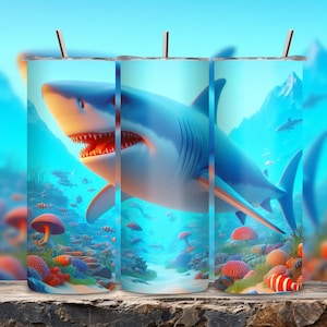Underwater Shark Tumbler Design Shark Tumbler Wrap PNG 20oz Skinny Tumbler Sublimation Background Aquatic Sealife Tumbler Wrap Design PNG