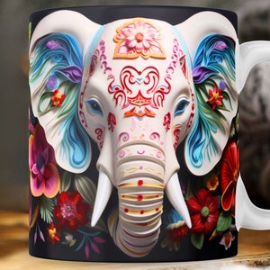 White Elephant Flowers Mug 11oz Mug Sublimation Mug 3D Elephant Mug Wrap White Flowers Mug Design Sublimation Instant Digital Download