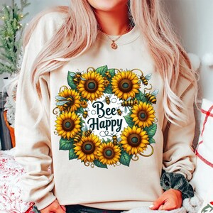 Bee Happy PNG, Sunflower png,  bee png sublimation design download, hand drawn bee png, western bee png, sublimate designs download