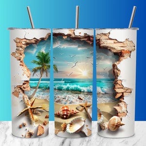3D Cracked Wall Beach Tumbler Wrap Sea Shells 20 oz Skinny Tumbler Sublimation Design Island Beach Tumbler Wrap Digital Download Png
