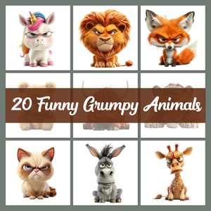 Paquete de imágenes prediseñadas de animales gruñones de acuarela, imágenes prediseñadas de animales divertidos gruñones, animales de acuarela, animales de dibujos animados, uso comercial PNG
