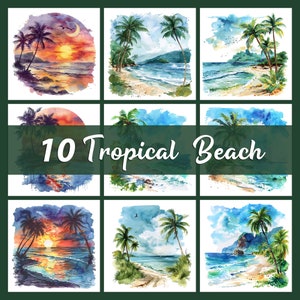 Tropical Beach Summer Clipart Bundle, Vacation Scenery, Ocean Beach, Tropical Sunset, Morning Sunrise, PNG Bundle, Digital Download