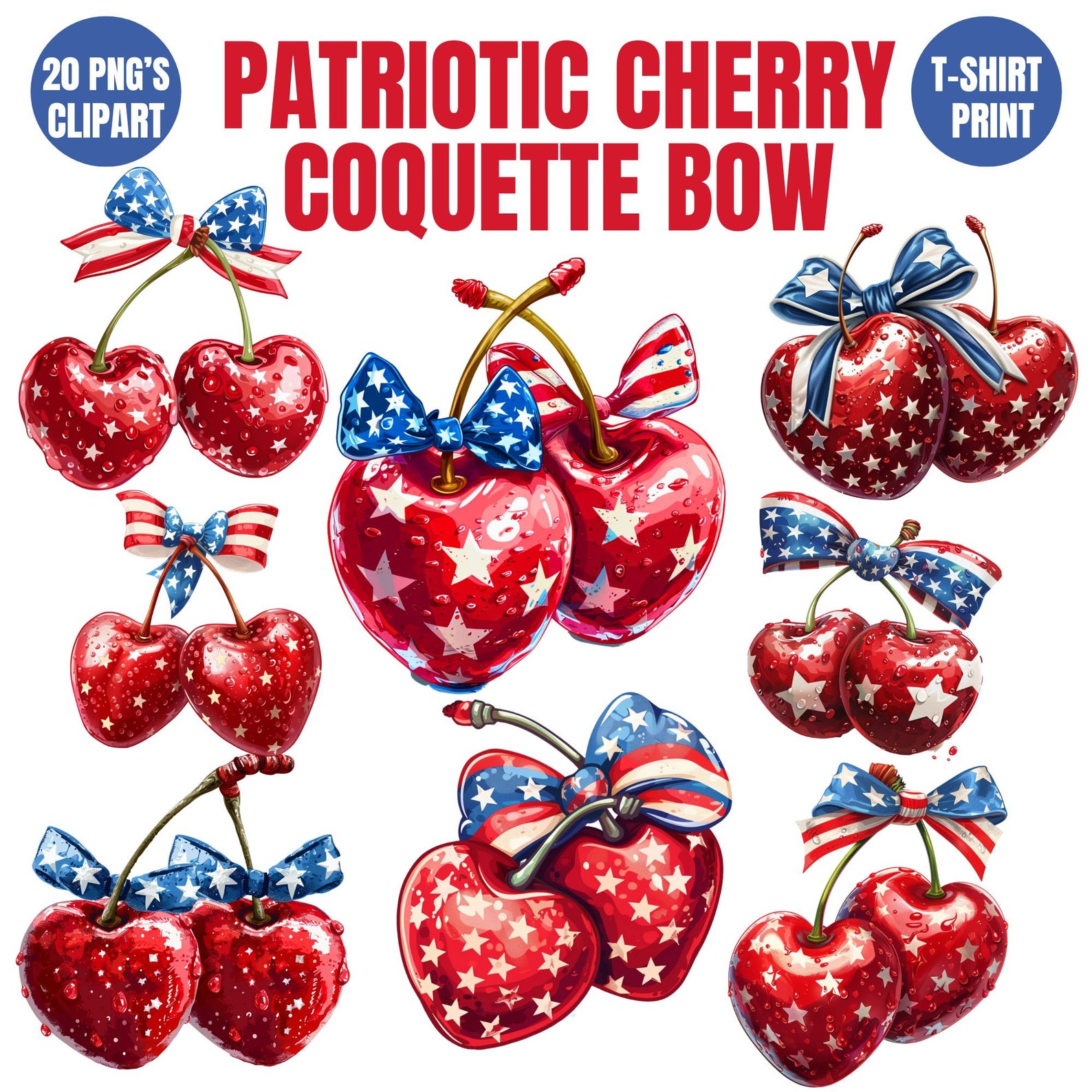 Patriotic Cherry Coquette Bow PNG Bundle, 4th of July Sublimation ...