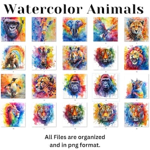 Rainbow Watercolor Animals Clipart Bundle, Colorful Animal Illustrations, Rainbow Painted Animal Clipart, Animal PNG Graphics Download