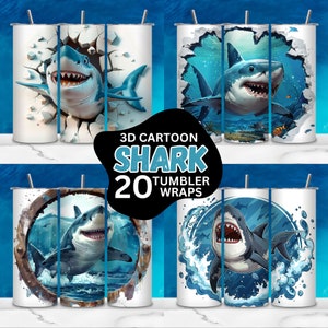 3D Cartoon Shark Tumbler Wrap bundle, 20oz Skinny Shark Tumbler Sublimation Design Tumbler, Ocean Tumbler Wrap, Sea Life Tumbler Shark Png