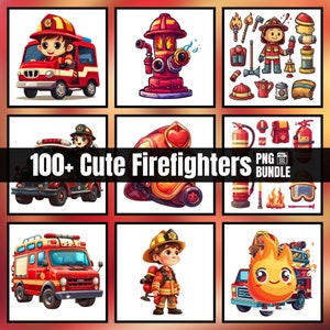100+ Cute Firefighters Clipart Bundle, Watercolor Fire Department PNG, Birthday Party, Firemen, Fire Truck, Hydrant, Dog, Instant Download