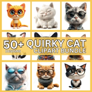 Chat excentrique PNG Clipart Bundle | Chats fantaisistes chaton Sublimation clip art | animaux mignons graphiques fantaisistes