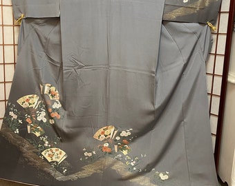 Wearable Stunning Vintage Gray Silk Kimono with Jigami and Flowers