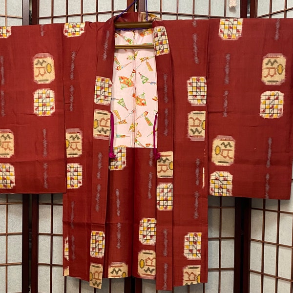 Vintage Brick Red Silk Haori with Rectangular Abstract Designs