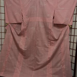 Wearable Vintage Pink and White Polyester Hitoe (unlined) Kimono with Butterflies and Polygons