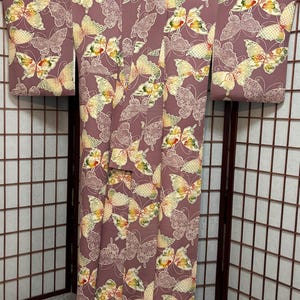Vintage Light Purple Silk Komon Kimono with Dyed Butterflies