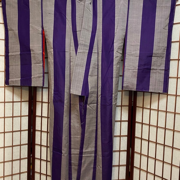 Taisho Roman Type Purple and Silver Gray Silk Striped Kimono