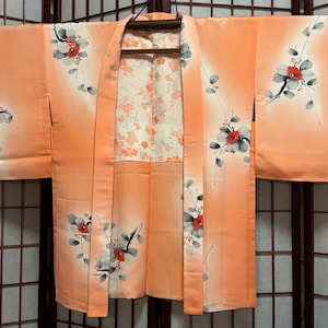 Vintage Coral Silk Haori with Sprays of Dyed Red Flowers