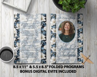 Blue and White flowers Funeral Program Template Memorial Announcement, Obituary Flyer, Celebration of Life Magazine, 5.5x8.5 & 8.5x11