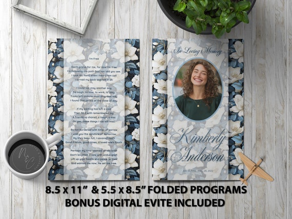 Blue and White flowers Funeral Program Template Memorial Announcement, Obituary Flyer, Celebration of Life Magazine, 5.5x8.5 & 8.5x11