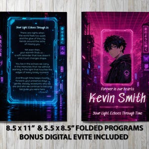 Op de afbeelding: Twee rechthoekige uitvaartprogramma's met een cyberpunk-esthetiek. Het linkerpaneel bevat blauwe neontekst op een donkere achtergrond. Het rechterpaneel toont een portret van een jong persoon in een roze neonkader met de tekst Kevin Smith en Forever in our hearts. De tekst onderaan vermeldt 8.5 x 11 en 5.5 x 8.5 folded programs bonus digital evite included.