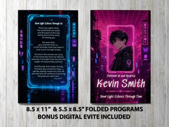 Anime Funeral Program Template for a Celebration of Life • Cyberpunk City Memorial Brochure with Photo Tribute | Noted & Charmed