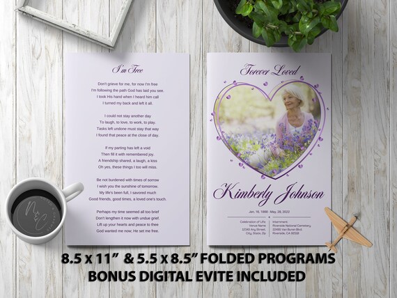 Purple Hearts Funeral Program Template Memorial Announcement, Obituary Flyer, Celebration of Life Magazine, 5.5x8.5 & 8.5x11 Digital Evite