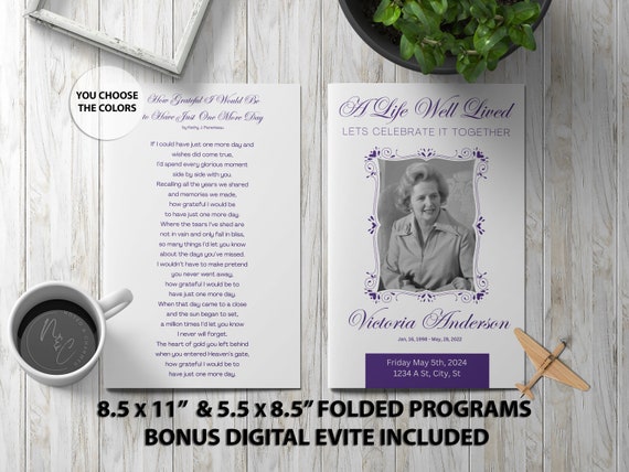 Any Color - Fully editable Funeral Program Template Memorial Announcement, Obituary Flyer, Celebration of Life Magazine, 5.5x8.5 & 8.5x11