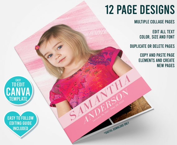 Funeral Program Template, Child's Pink, Obituary Template, Order of Service, Funeral Announcement, Celebration of life