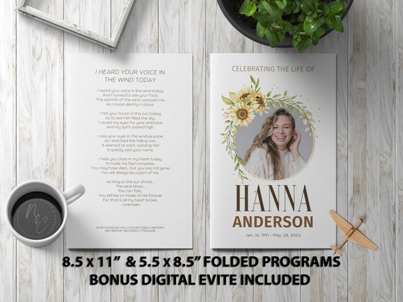 Sunflower Funeral Program Template Memorial Announcement, Obituary Flyer, Celebration of Life Magazine, 5.5x8.5 & 8.5x11 Digital Evite