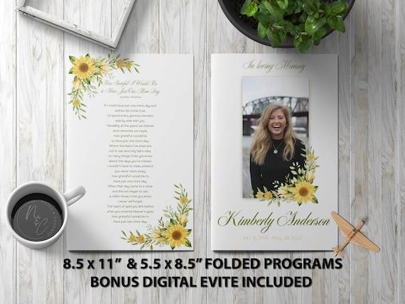 Sunflower Funeral Program Template - Memorial Announcement, Obituary Flyer, Celebration of Life Magazine - 5.5x8.5 + 8.5x11 & Digital Evite