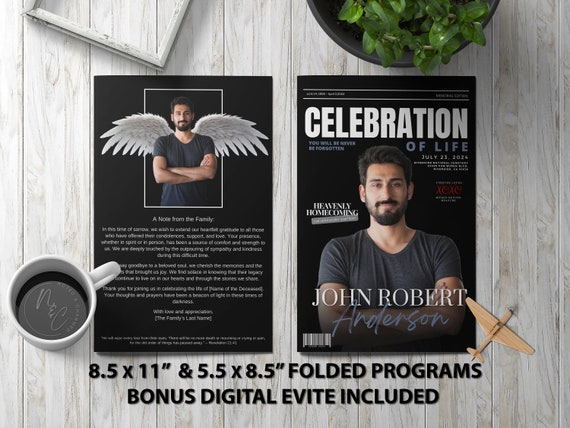 Magazine Style Black Funeral Program Template Memorial Announcement, Obituary Flyer, Celebration of Life Magazine - 5.5x8.5 & 8.5x11