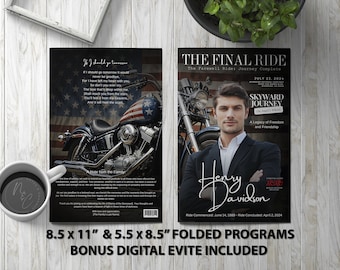 Patriotic Motorcycle Funeral Program Template | Editable Memorial for Biker Tributes