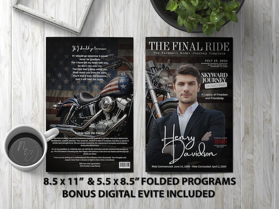 Patriotic Motorcycle Funeral Program Template | Editable Memorial for Biker Tributes