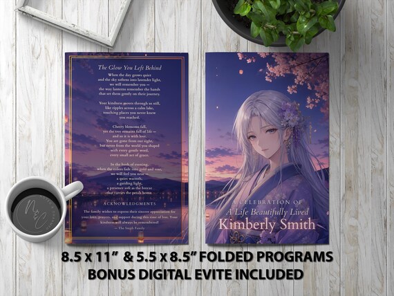 Elegant Anime‑Inspired Lantern Funeral Program • Cherry Blossom Tribute Template for Celebration of Life | Noted & Charmed
