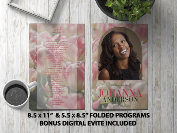 Pink Tulips Program Template Memorial Announcement, Obituary Flyer, Celebration of Life Magazine, 5.5x8.5 & 8.5x11