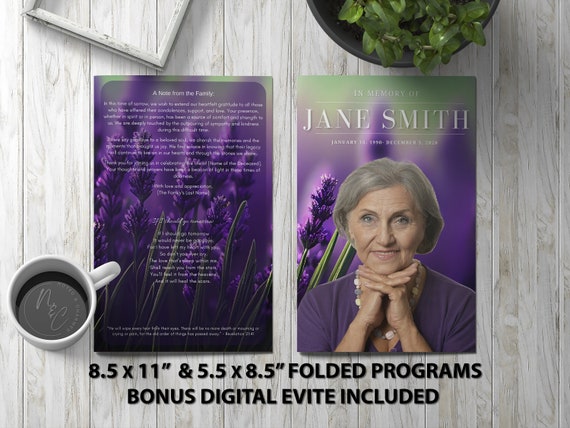 Lavender Funeral Program Template | Editable Memorial Keepsake for Celebration of Life